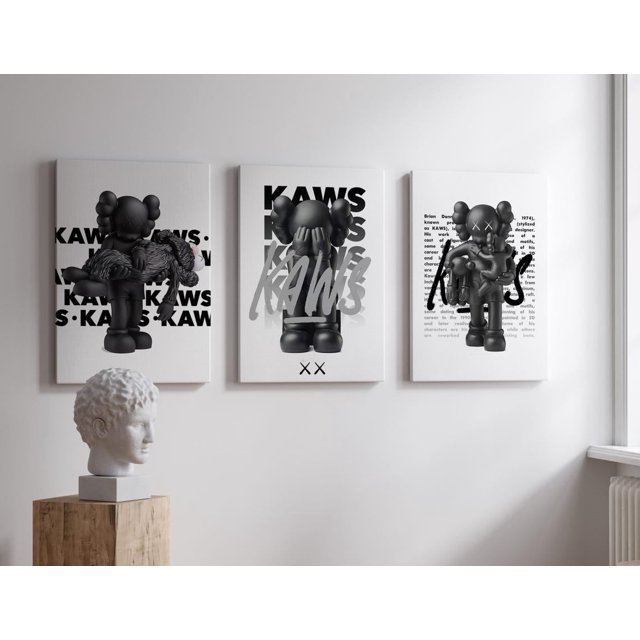 Juego de 3 piezas de arte de pared KAWS en negro, juego de 3 piezas de decoración de habitación Hypebeast, decoración del hogar Kaws, juguetes Hypebeast