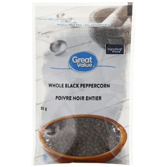 Great Value Whole Black Peppercorns, 85 g