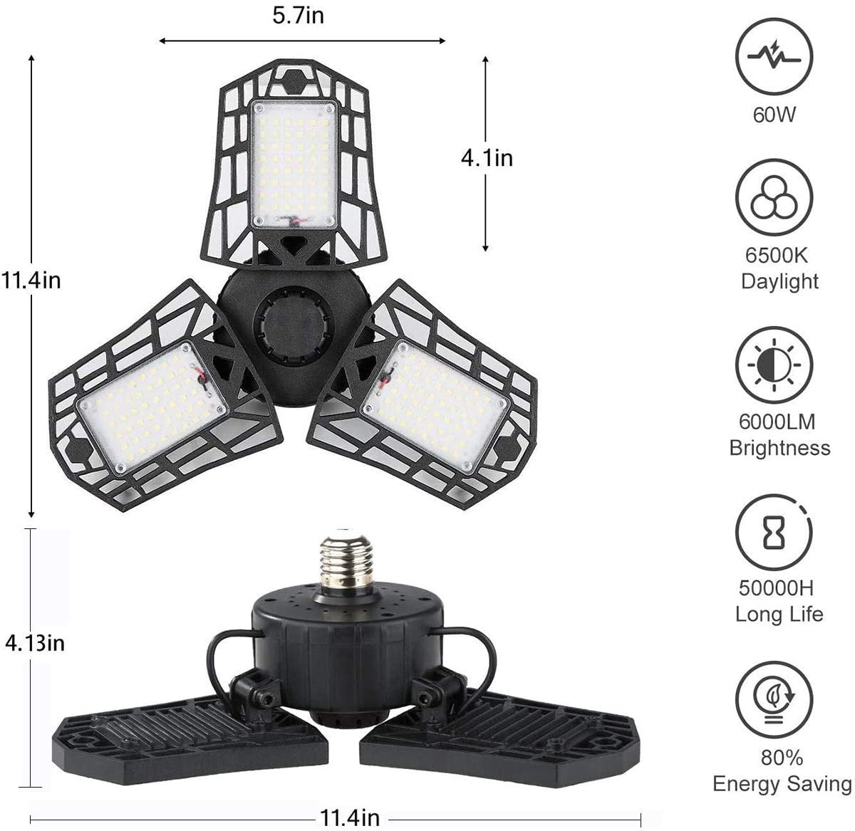 LED Garage Light - 6000 Lumen 6500K Daylight 60W, Three Leaf Led Garage Ceiling Lights