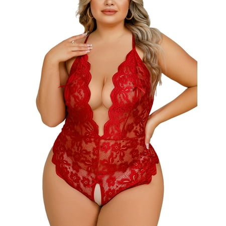 

Capreze Ladies Bodysuit Plus Size Sleepwear Sleeveless Mini Lingerie Adjustable Straps Women Sexy Plain Teddy Deep V Red 3XL