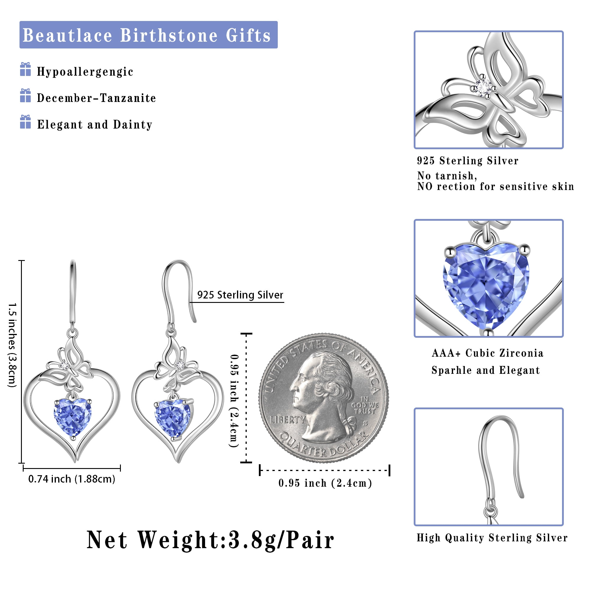 Beautlace 18K White Gold over Stering Silver Butterfly Dangle Drop Earrings,December Birthstone Heart Hook Earrings Jewelry Birthday Christmas Valentines Mothers Day Gifts for Women Mom
