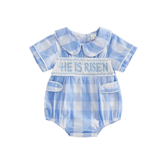 Cenuakty Baby Boy Easter Plaid Romper Fashionable Letter Embroidery Doll Collar Short Sleeve Jumpsuit