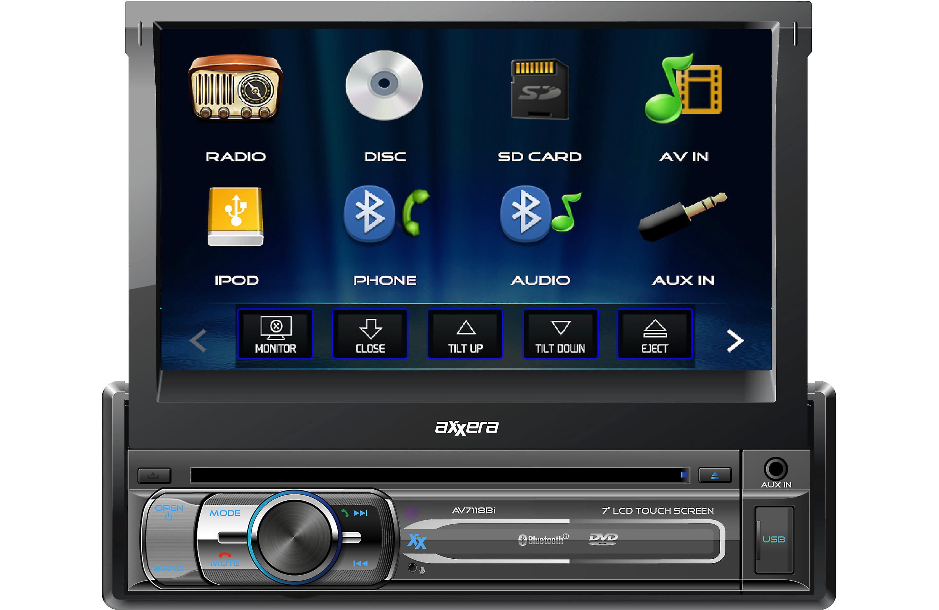 Axxera AV7118Bi Multimedia DVD Receiver FlipOut 7" Monitor With USB/BT