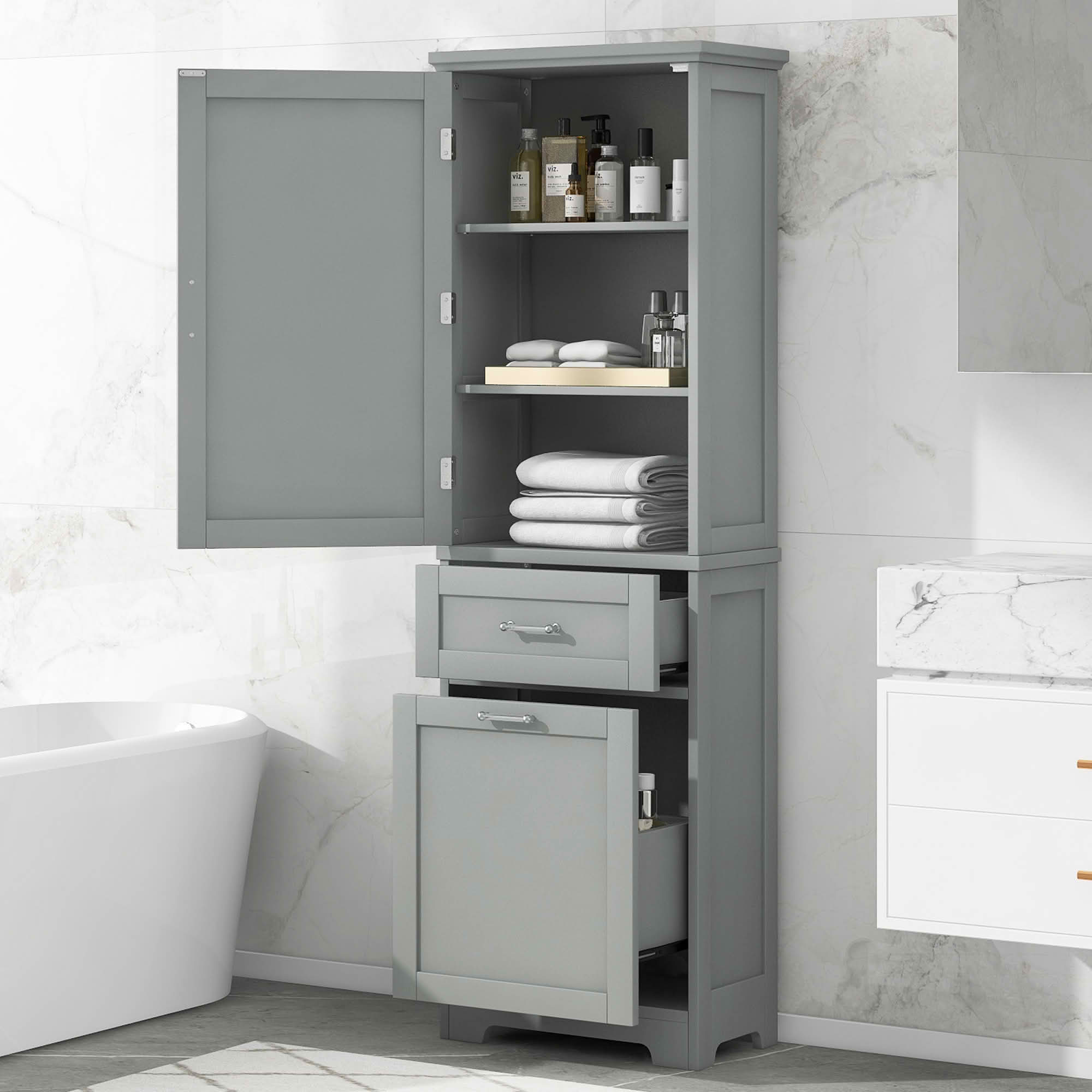 MAYEERTY Tall Bathroom Cabinet 2 Size Drawers Adjustable Shelf MDF Painted Gray