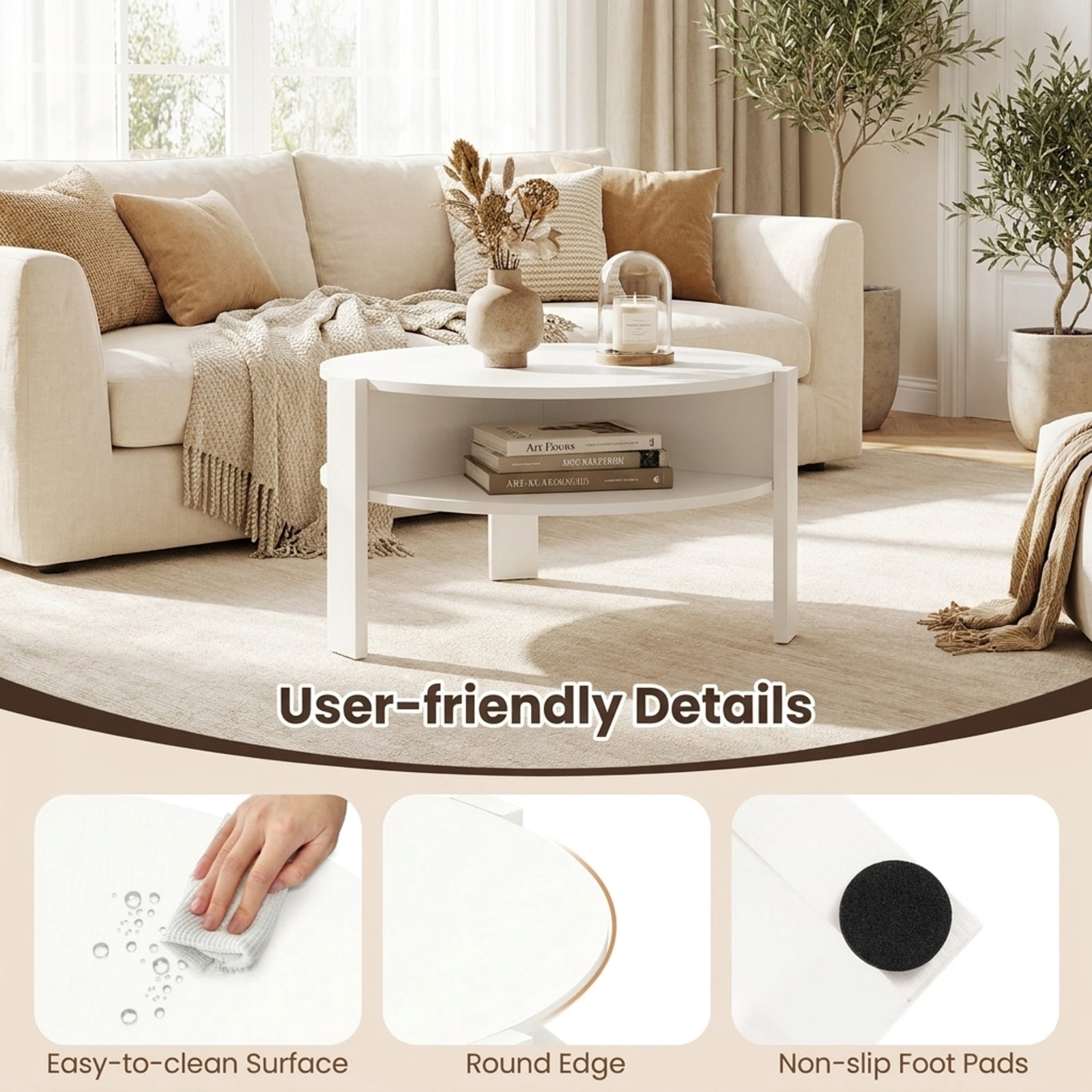 Furnibear 29.5 Inch Round Coffee Table with Side Storage Shelves and Open Base a Compact Living Room Center Table for Small Spaces, White