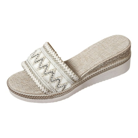 

Ladies Summer Casual Colour Blocking Bohemian Style Weaving Thick Bottom Slope Heel Large Size Sandals Slippers