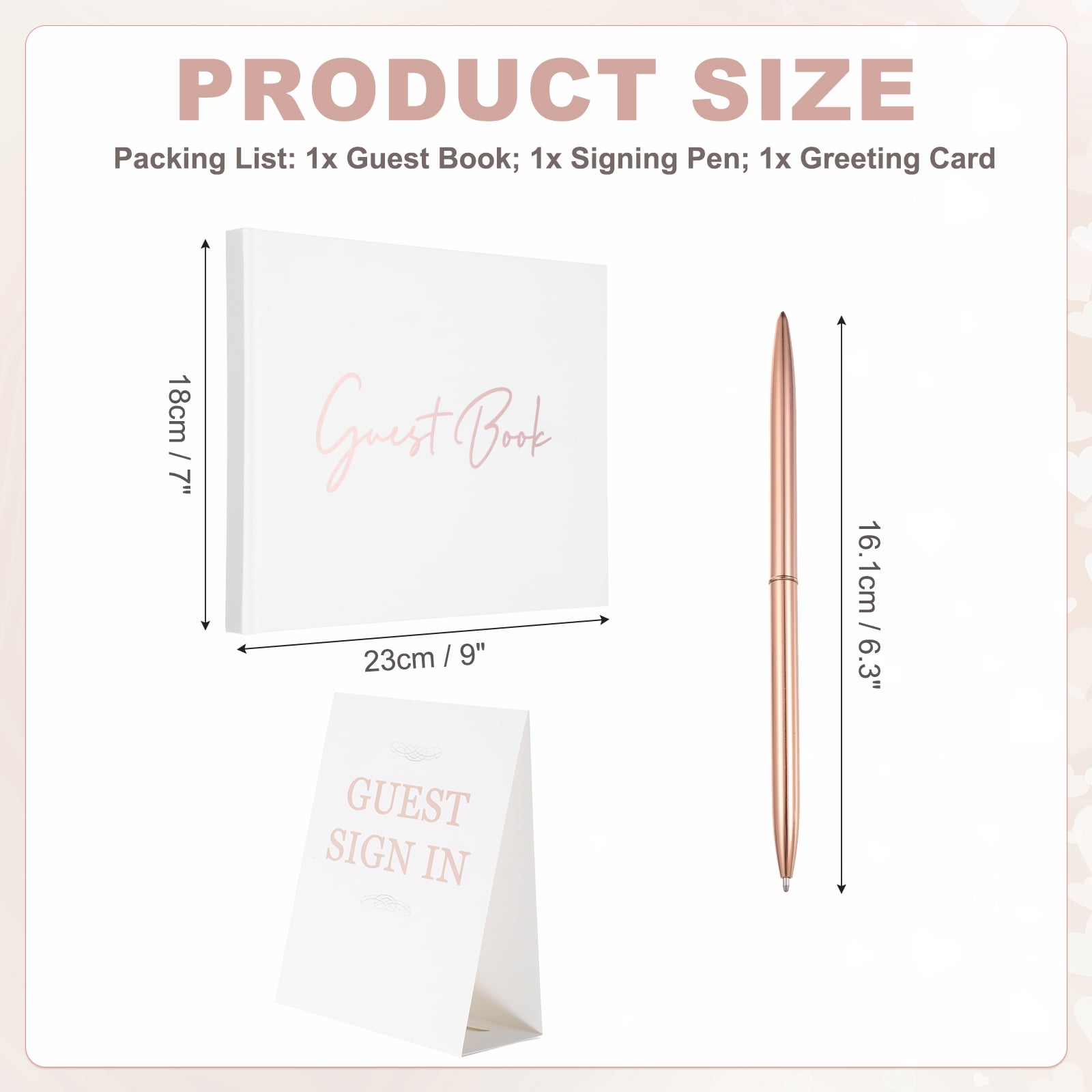 Uxcell Guest Book, 9x7" Elegant Wedding Guestbook Pink Cover Memory Book with Diamond Signing Pen and Greeting Card for Wedding Bridal Shower Birthday Party Events, Rose Gold