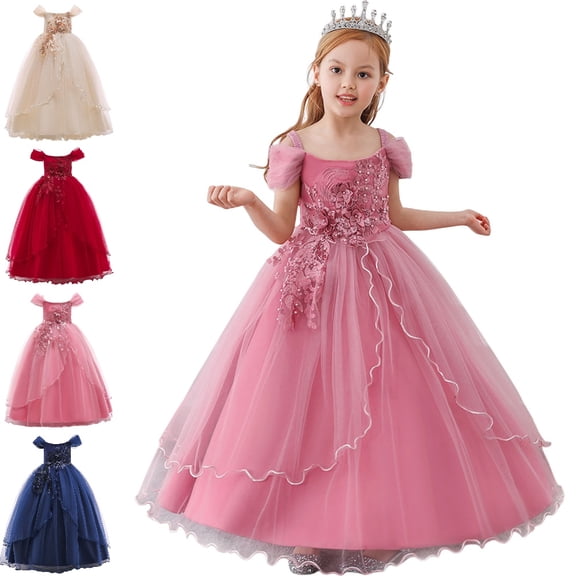 Bmisegm Girls' Dresses Square Neck Puff Flutter Sleeve 3D Floral Embellished Bodice Long Ruffled Tutu Formal Dress for Girls 4-5 Years