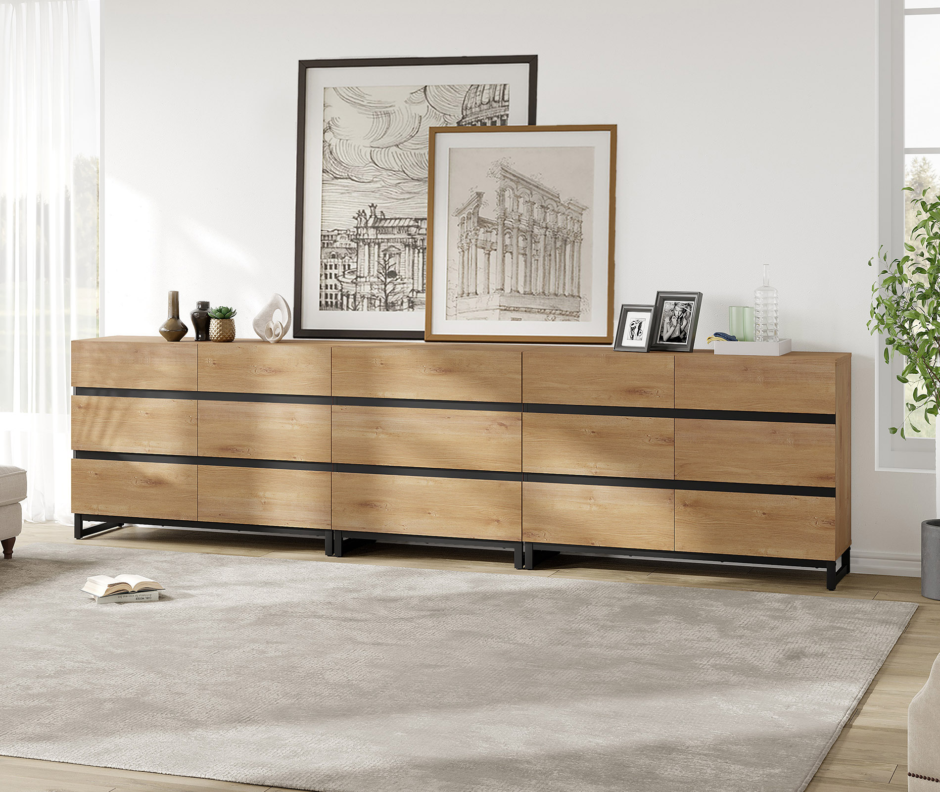 WAMPAT 3-in-1 Modern Wood Dresser, 15 Drawers & Metal Base, Closet Storage Organizer for Bedroom,Oak