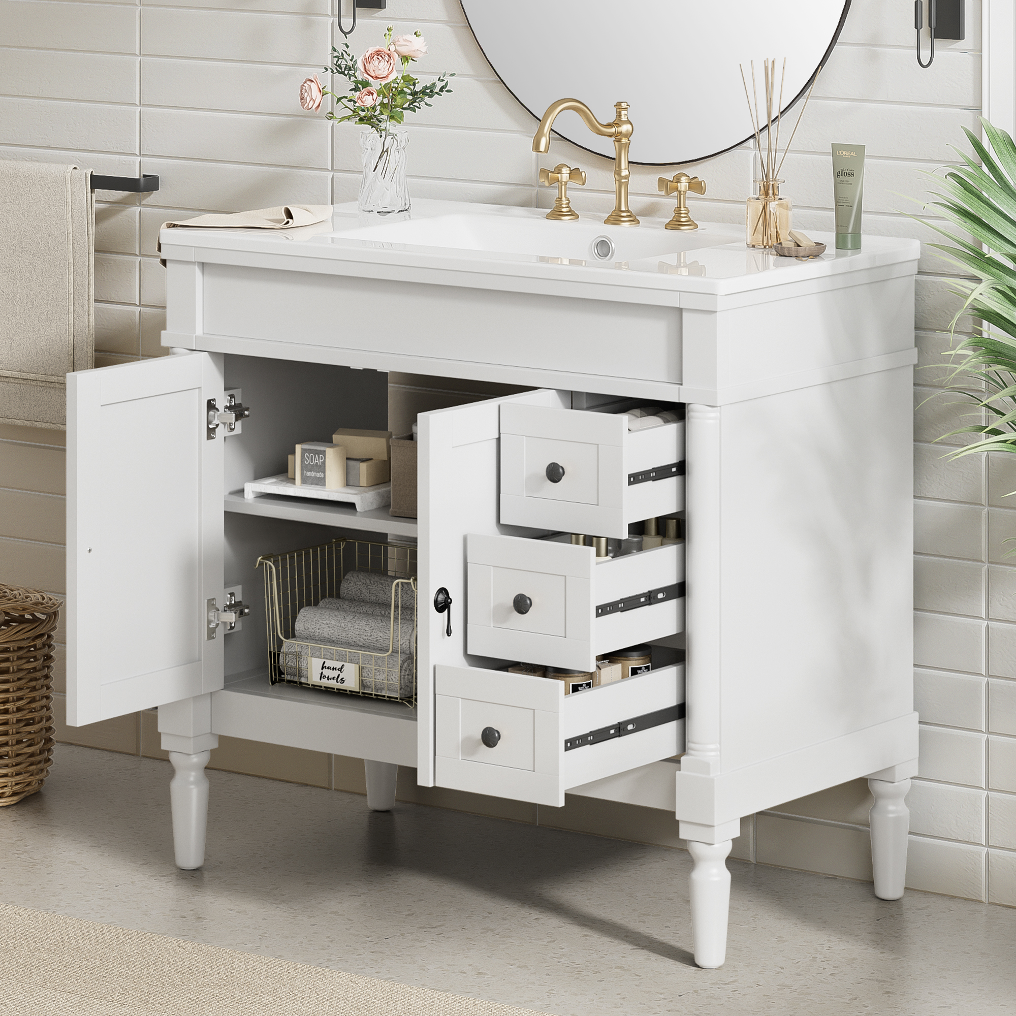 Euroco 36" Bathroom Vanity with Ceramic Sink, Standard Drawers, Soft Close Doors, Adjustable Shelves, Modern Storage Cabinet for Small and Medium Bathrooms