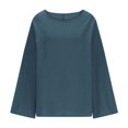 thumbnail image 5 of Otntypg Oversized Linen Shirts for Women Long Sleeve Plus Size Tops Gauze Split Side Casual Dressy Blouses Lightweight Crew Neck Loose Cotton Tunic Tops Navy L, 5 of 5