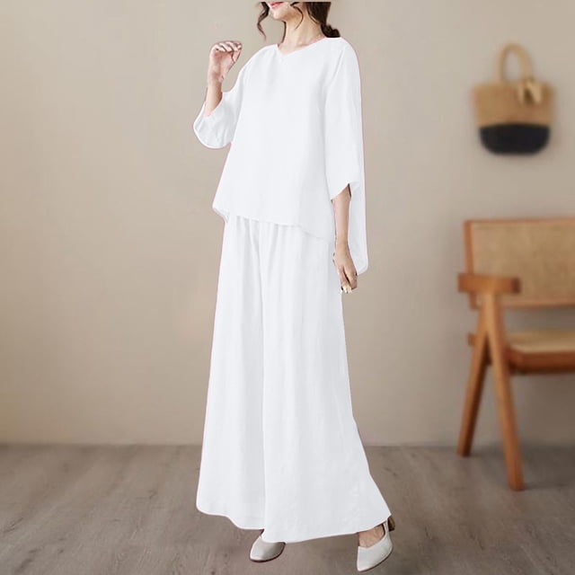 Womens pajama sets Two Breathable Cotton And Linen Tops Loose And Wide Leg Pants Set XL