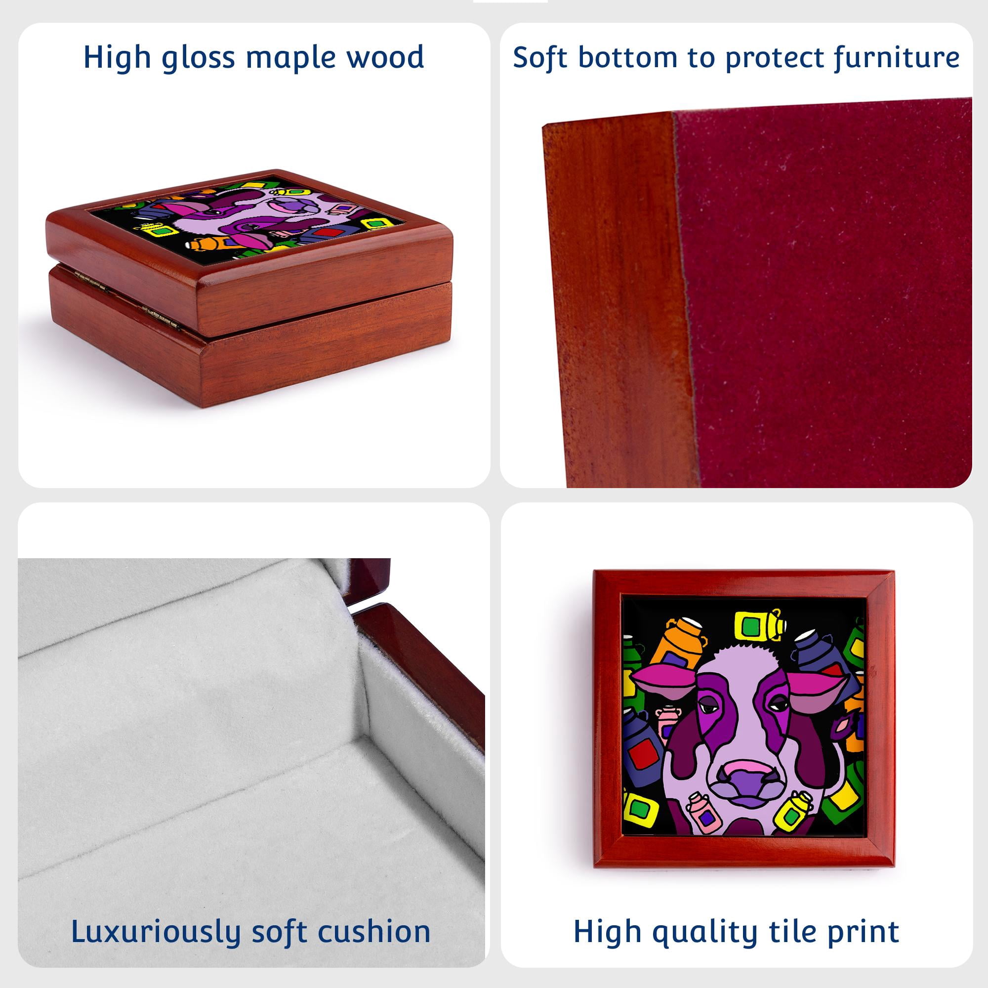 3dRose, Funny Purple Cow and Milk Jugs Abstract Art, Jewelry Box 5.5x5.5 inch with 4 inch tile