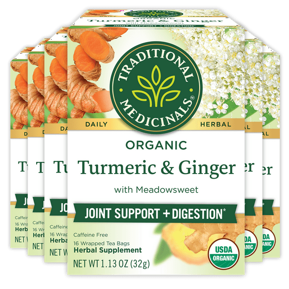 (6 pack) Traditional Medicinals, Organic Turmeric with Meadowsweet & Ginger Herbal Tea Bags, 16 Count