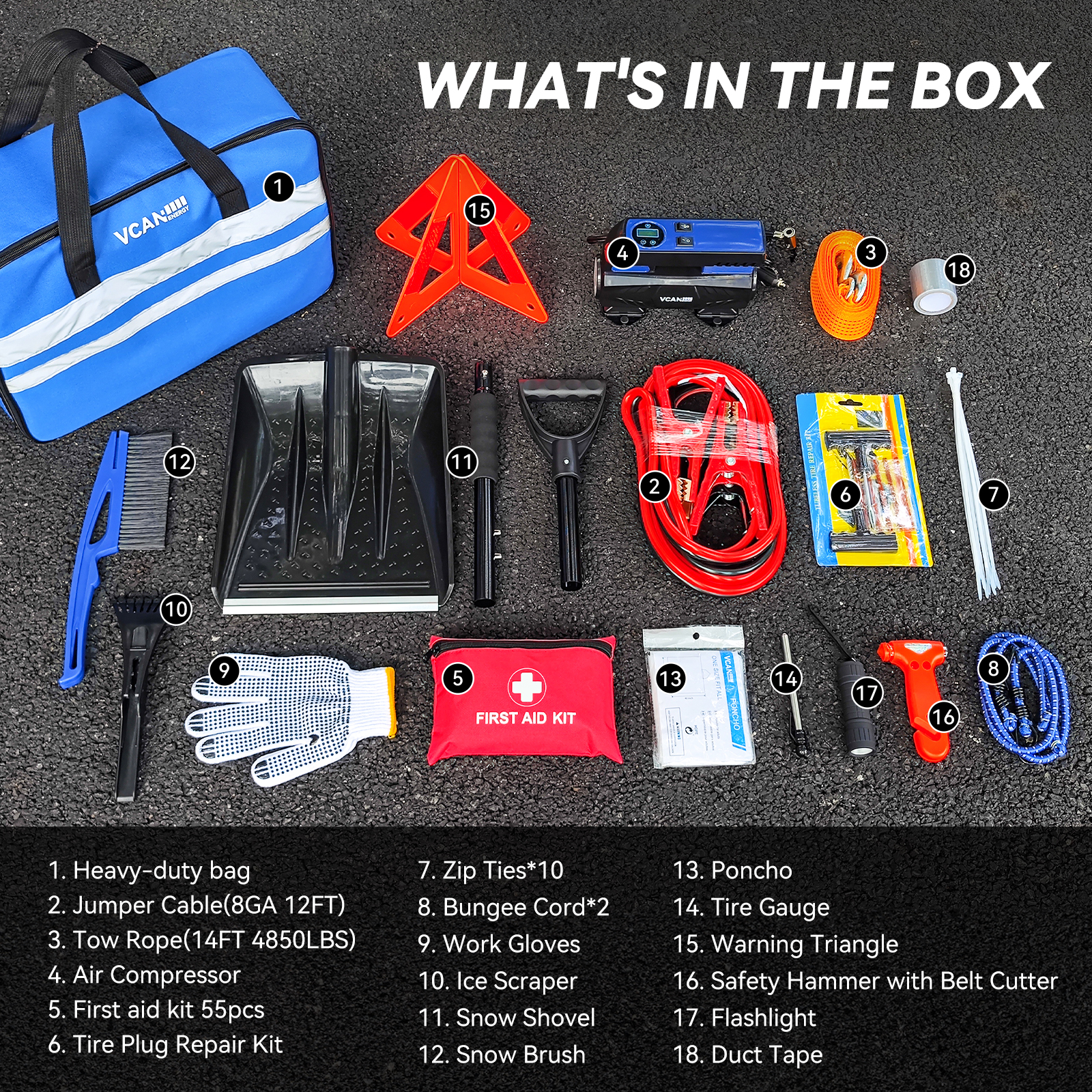 VCANENERGY 92-Piece Car Emergency Kit with Digital Air Compressor, Jumper Cables, First Aid Kit & Detachable Snow Shovel for Roadside Safety
