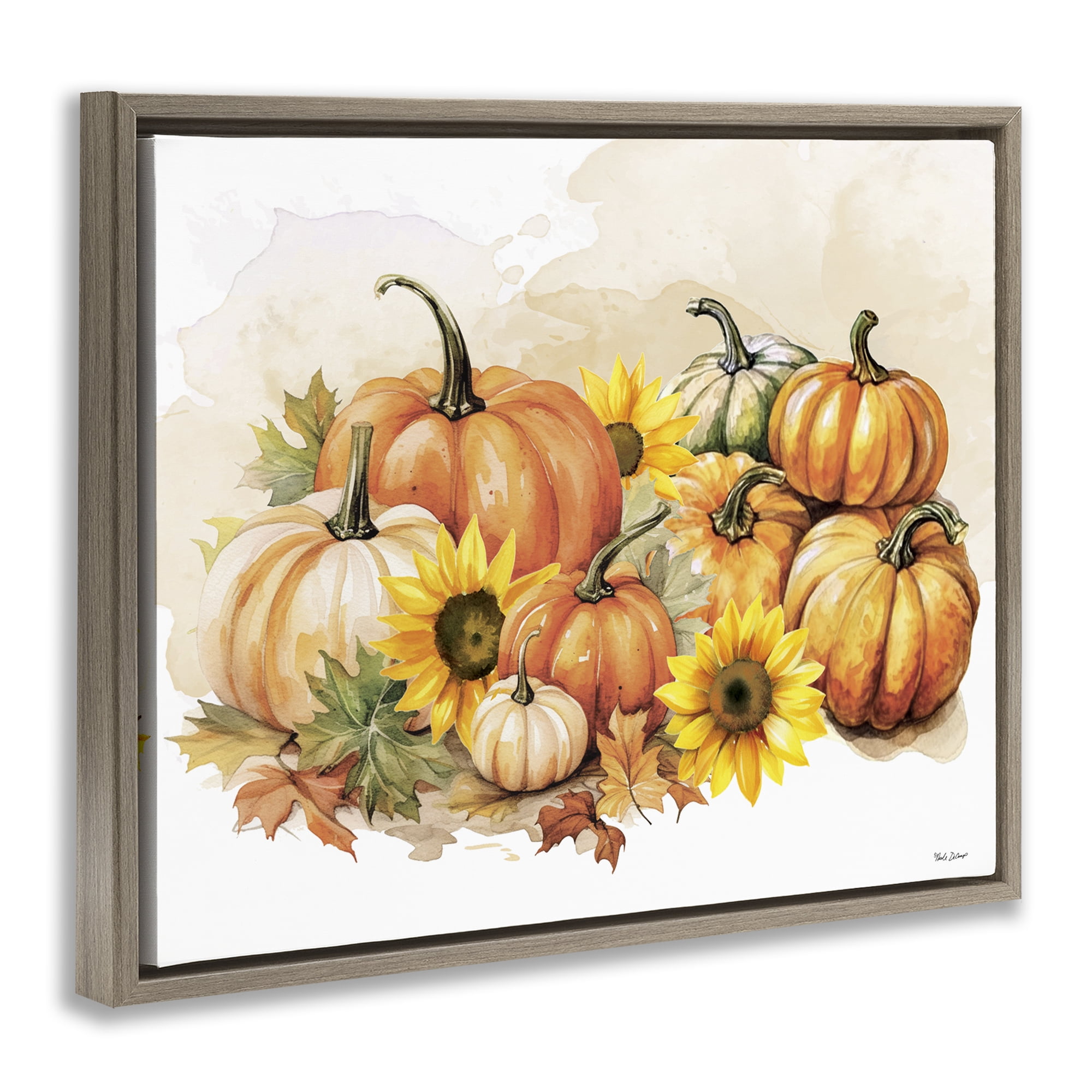 Stupell Industries Pumpkin & Sunflower Bundle Botanical & Floral Painting Brown Floater Framed Canvas Art Prints Wall Art, 21 x 17