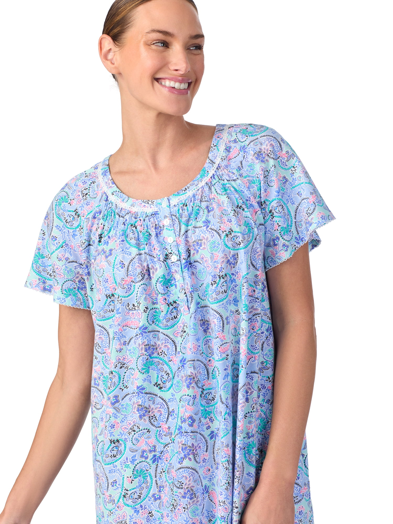 Aria Women's 100% Cotton Raglan Sleeve Smocked Neck Sleepwear 40" Gown, Sizes XS-5X