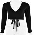 thumbnail image 3 of Womens Wrap Crop Top Deep V-Neck Knot Front Long Sleeve Basic Tee Strappy Blouse, 3 of 6