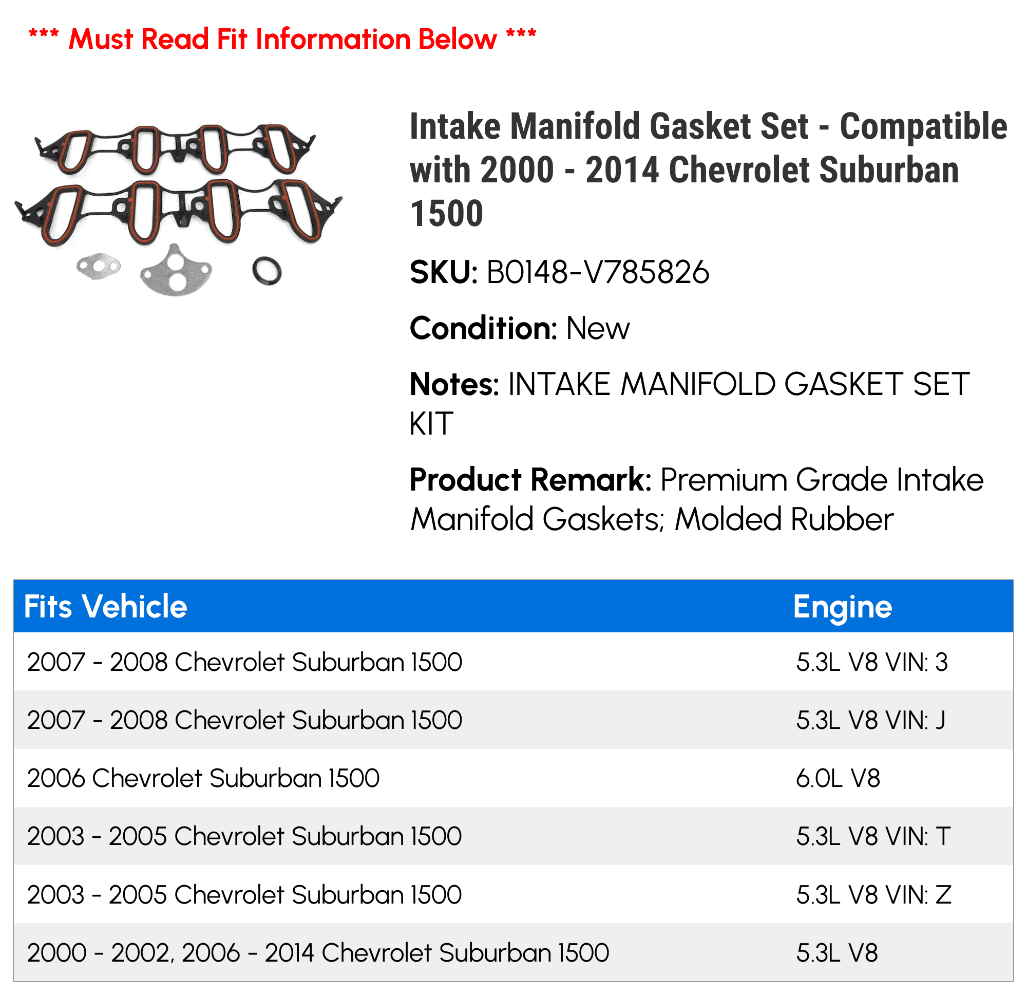 Intake Manifold Gasket Set - Compatible with 2000 - 2014 Chevrolet Suburban 1500 - Replacement