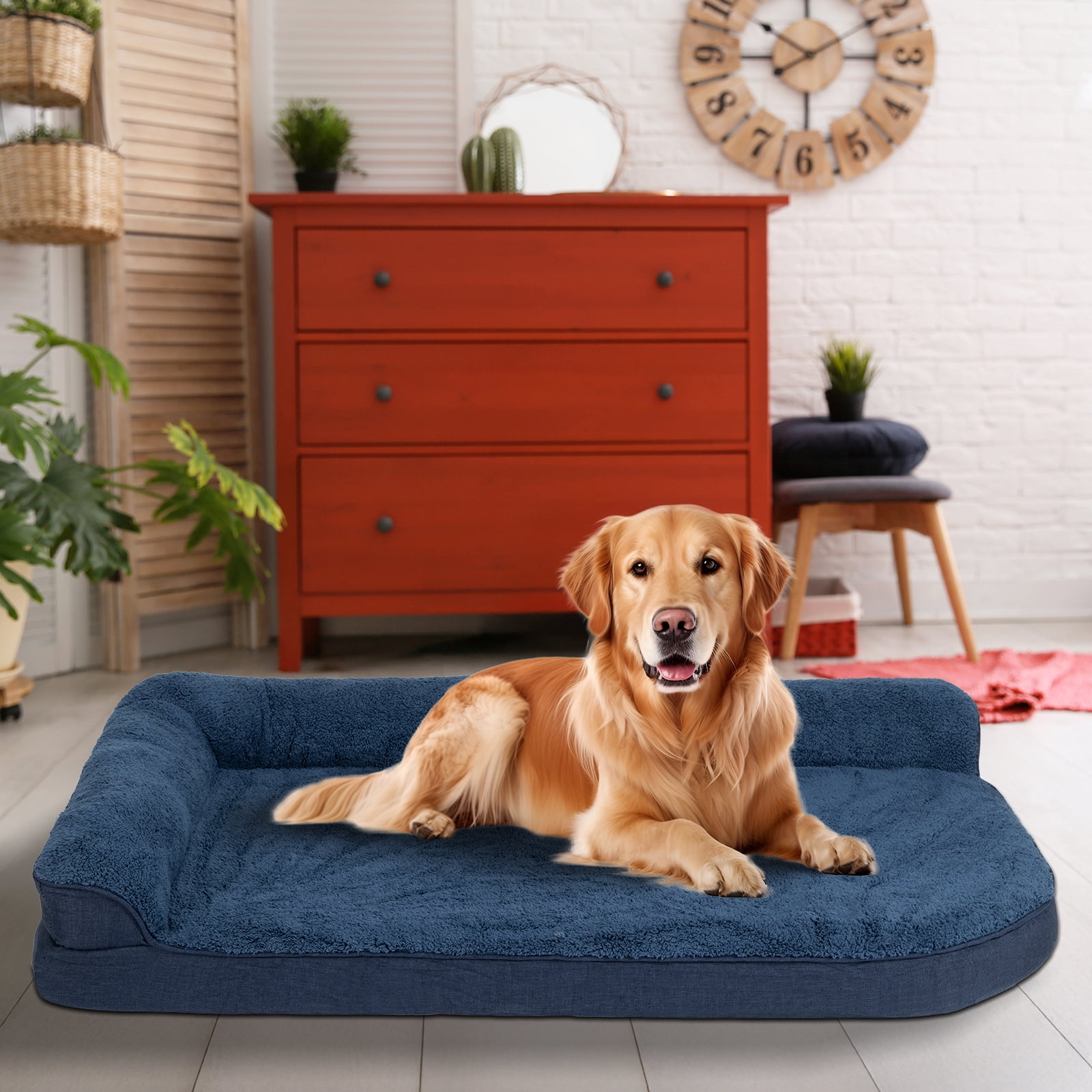 PureWags Orthopedic Dog Beds, L Shaped Waterproof Large Dog Bed with Removable Cover and Nonskid Base, Soft Pet Couch Bed-Navy Blue, M