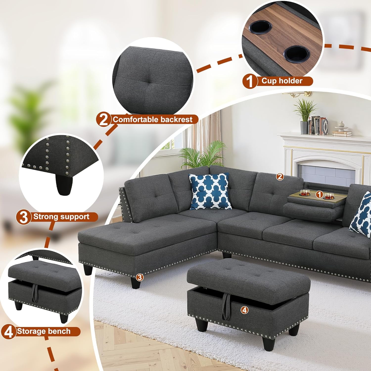 AENKYO 98" L-Shaped Sectional Sofa with Reversible Chaise, Storage Ottoman & Cup Holders, Dark Gray