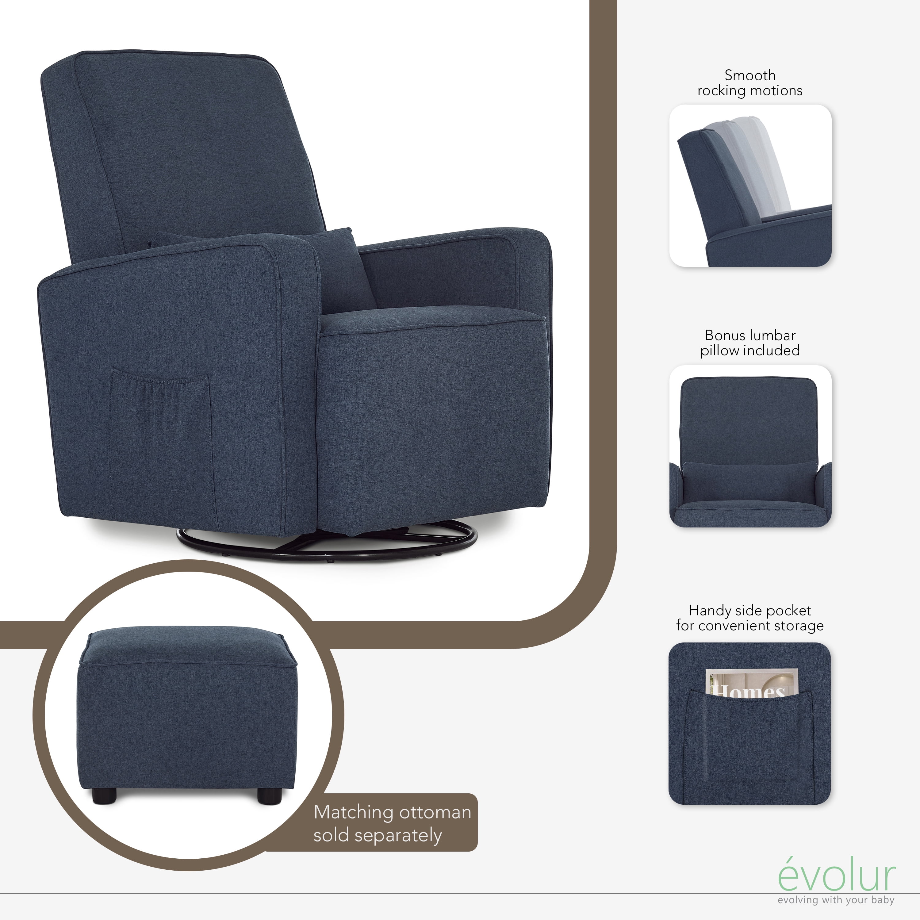 Evolur Holland Upholstered Swivel Glider | Rocker I Included Lumbar Pillow I Modern Design, Navy Blue