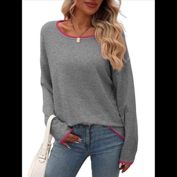 Suéteres de Otoño 2025 para Mujer, Informales, de Cuello Redondo, con Contraste, de Larga, de Punto, Tops Tipo Jersey Gris L