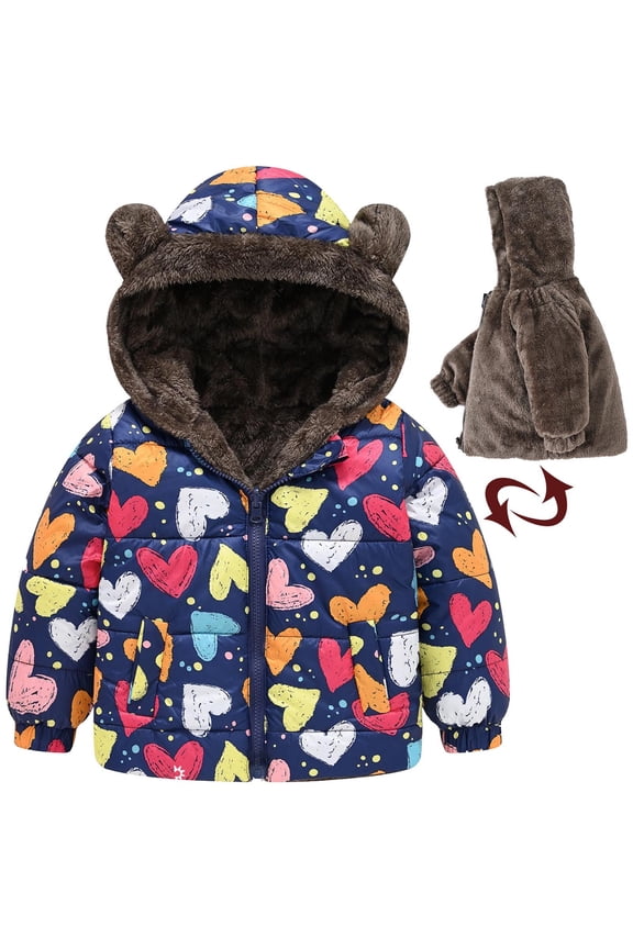 Boys Girls Winter Jacket, Fuzzy Cozy Long Sleeve Heart Prints Kids Hooded Outwear Multicolor 3-4T