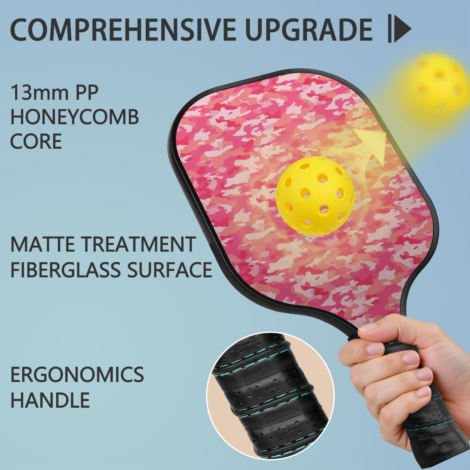 Pickleball Paddles Set Of 2, Fiberglass Surface, Camouflage Print, 4 Balls & Bag
