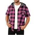 thumbnail image 3 of Women's Casual Patchwork Plaid Hooded Button Short Sleeve Shirt Blouse Tops for Streetwear Travel Loungewear Fashion Essential Gift for Ladies | CSEONE,Hot Pink L, 3 of 9