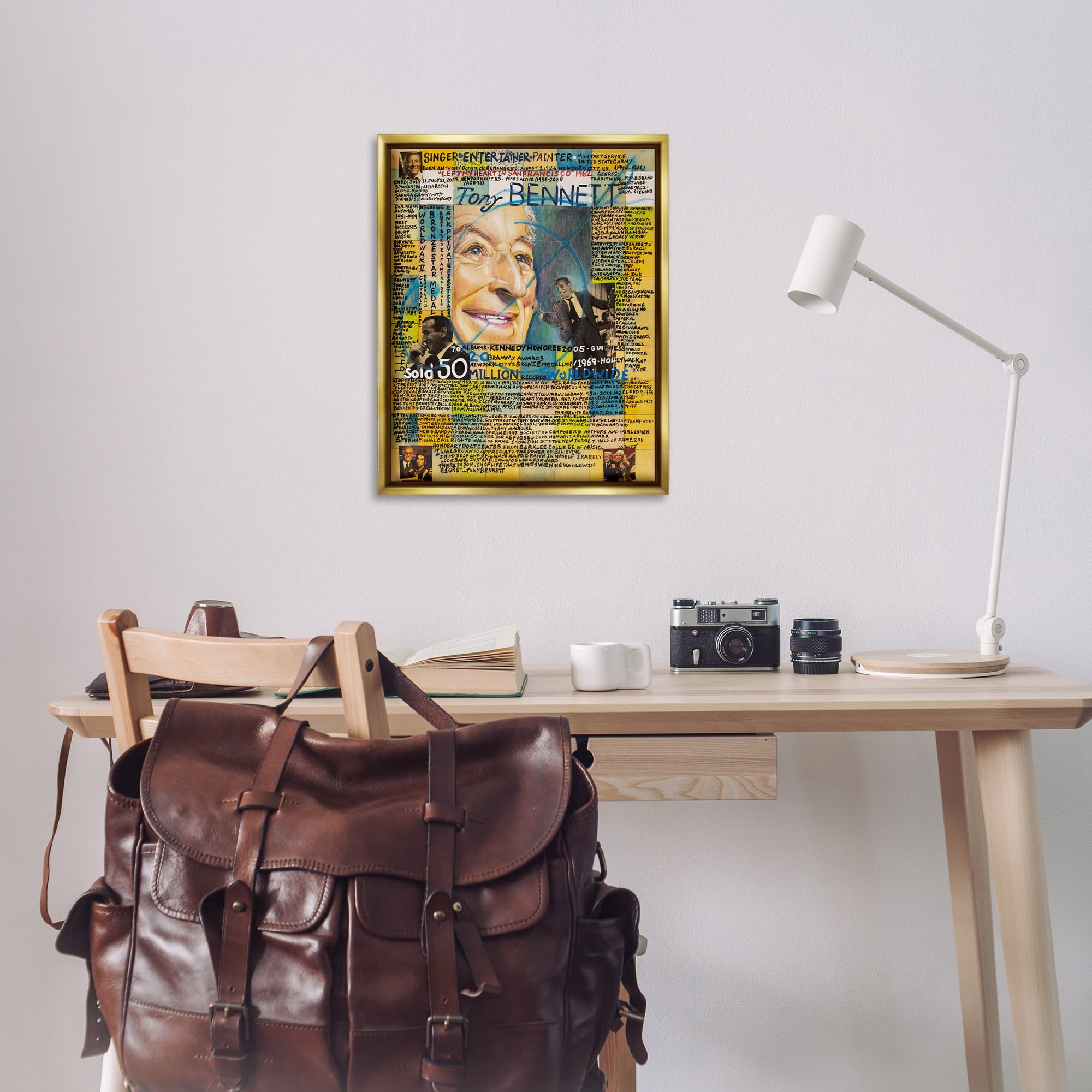 Stupell Industries Tony Bennett Collage People Drawing Gold Floater Framed Canvas Art Print Wall Art, 25 x 31