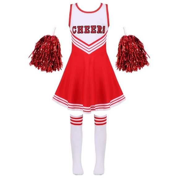 Aislor Girls Cheerleading Costume Sleeveless Letter Printed Patchwork Dance Dress Flower and Socks