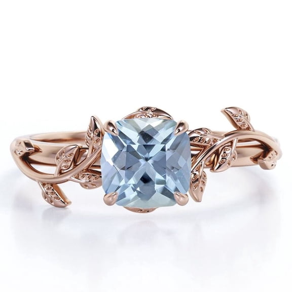 JeenMata 1 Carat Cushion Cut Created Aquamarine - 4 Prong Setting - Nature Inspired Engagement Ring - 18K Rose Gold Plating over Silver