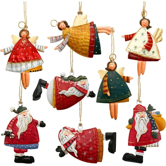 8 Pieces Metal Christmas Tree Hanging Ornaments Set, Tin Santa Angel Decorations Santa Angel Ornaments for Christmas Favors