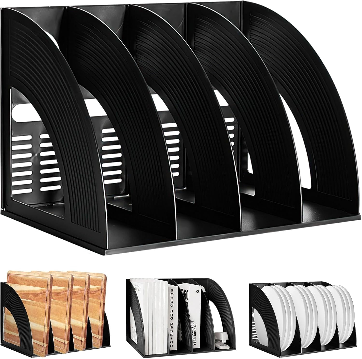 SAYEEC File Holder Storage Folder 4 Compartment Standing Desktop Hollow Organizer Black Files Shelf Frame Thicken Plastic Paper Notebook Magazine Bookstore for Office Supplier