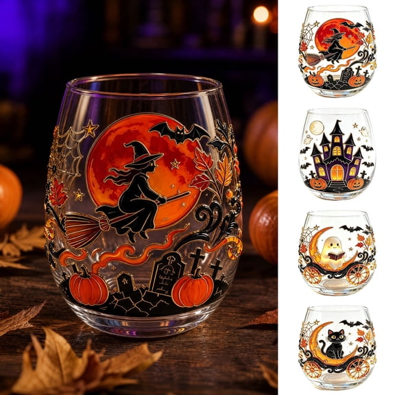 KOYPTL Halloween Themed 2D Style Glass Tumbler Clear Glass Drinking Cup Spooky Season Drinkware for Iced Coffee Cocktail Juice Ideal for Halloween Party Fall Holiday Home Bar Daily Beverage Container