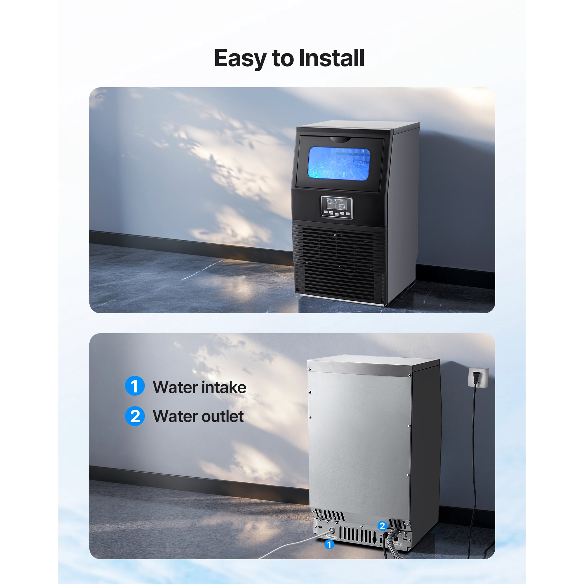 KFFKFF Commercial Ice Maker Machine, 80 lbs/24h with 12 lbs Storage, 32 Cubes per Cycle, Stainless Steel Freestanding & Countertop Ice Maker with LED Display and Self-Cleaning Function