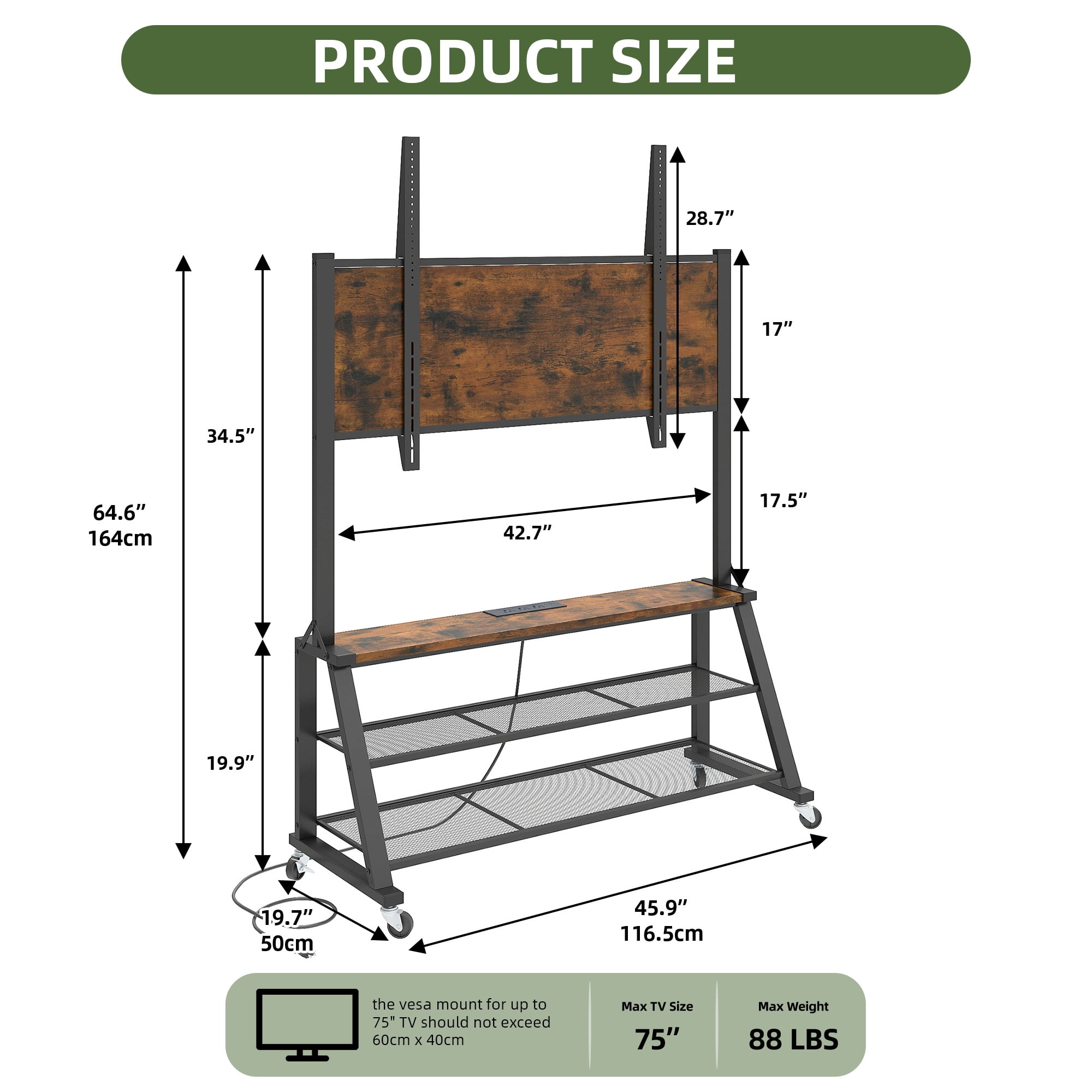 Uforic 46"W Rolling TV Stand with Lockable Wheels & Power Outlets, Mobile Cart for 32-75 Inch TVs, Rustic Brown
