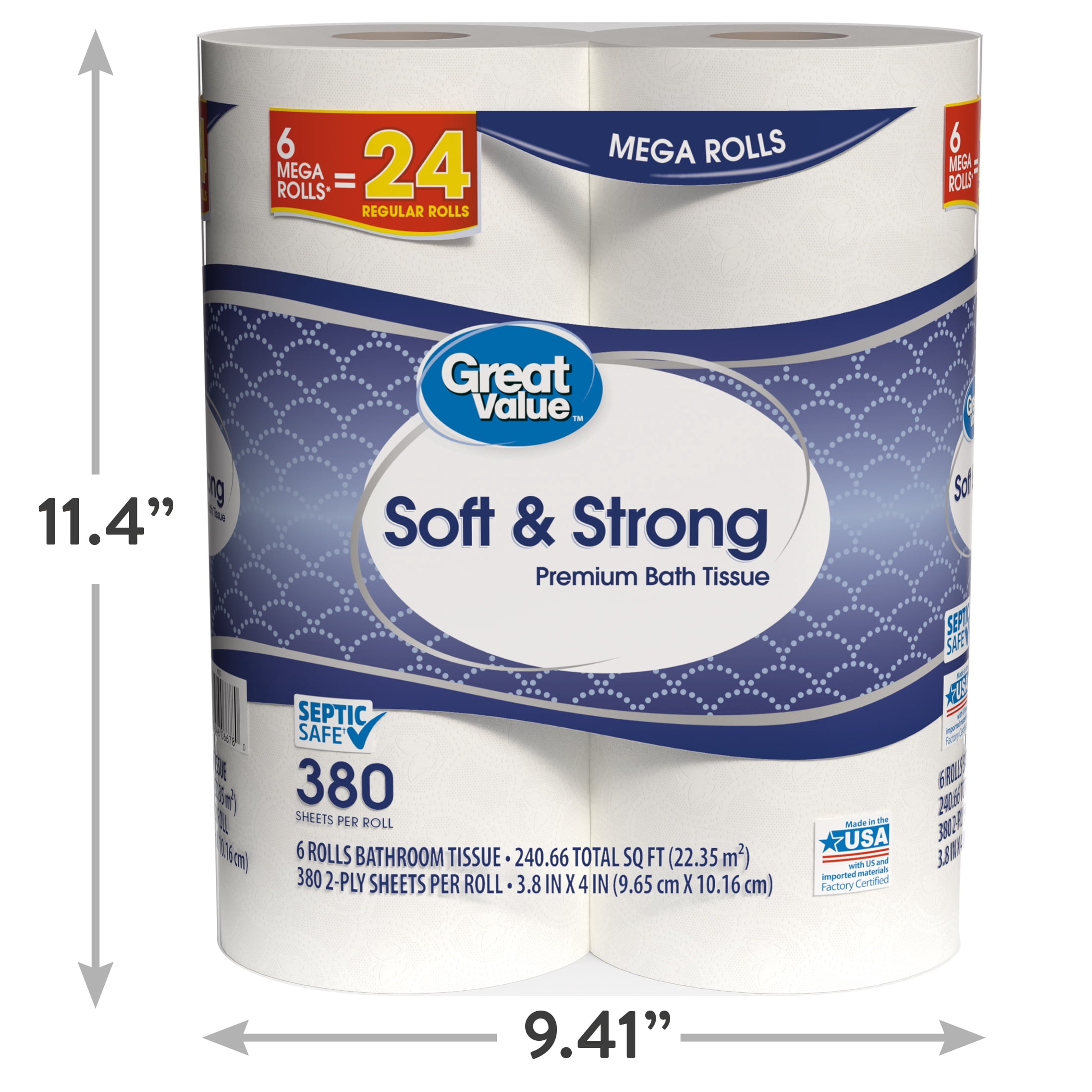 Great Value Soft & Strong Premium Toilet Paper, 6 Mega Rolls, 380 Sheets per Roll