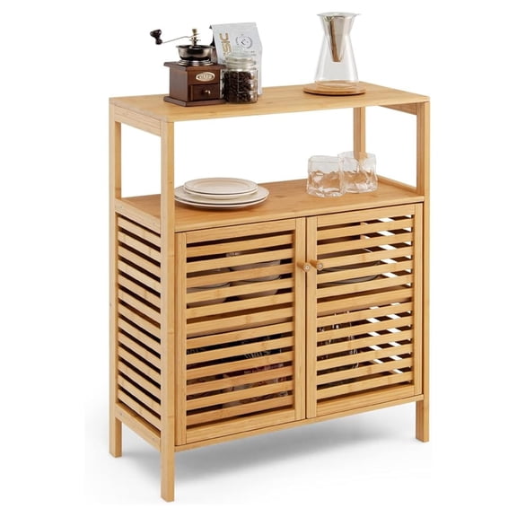 Bamboo Bathroom Cabinet, Freestanding Storage Organizer w/ Doors & Shelf - Natural Wood Finish - Living Room, Kitchen, Entryway