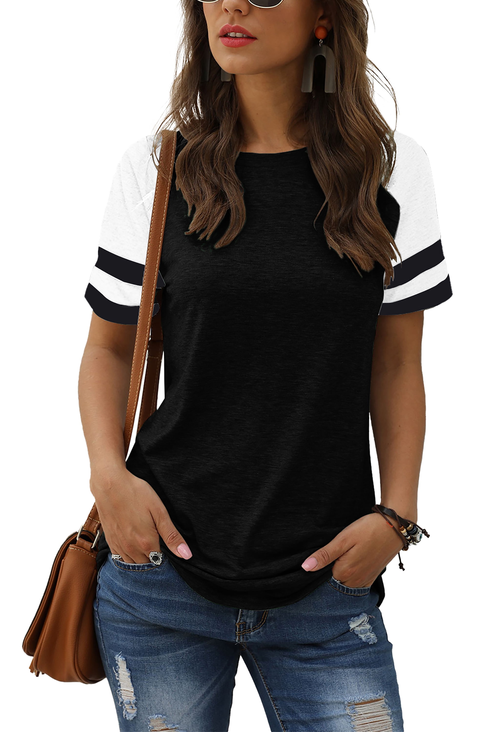 TEMOFON Womens Fashion Summer T-shirt Color Block Shirts for Women ...