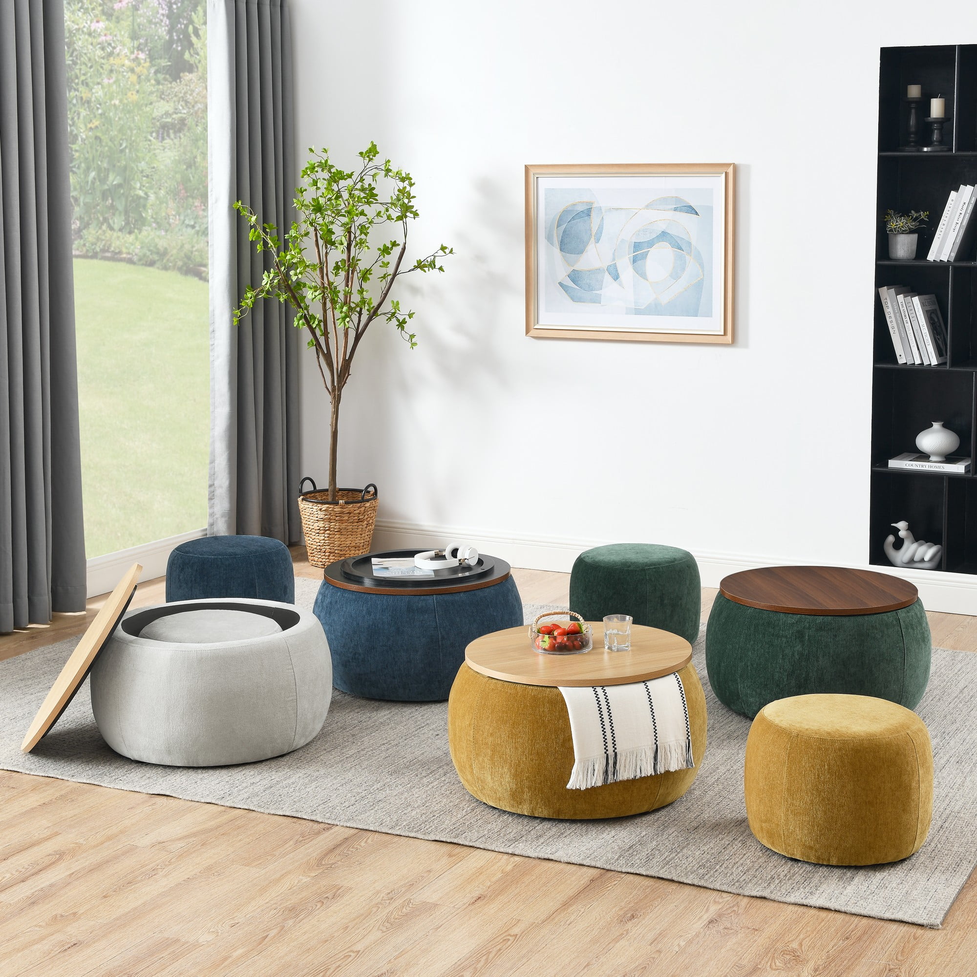 Aukfa 2pc Round Storage Ottoman, Chenille Upholstered Pouf Foot Rest Stools, Coffee End Table for Living Room, Bedroom, Dorm, Green