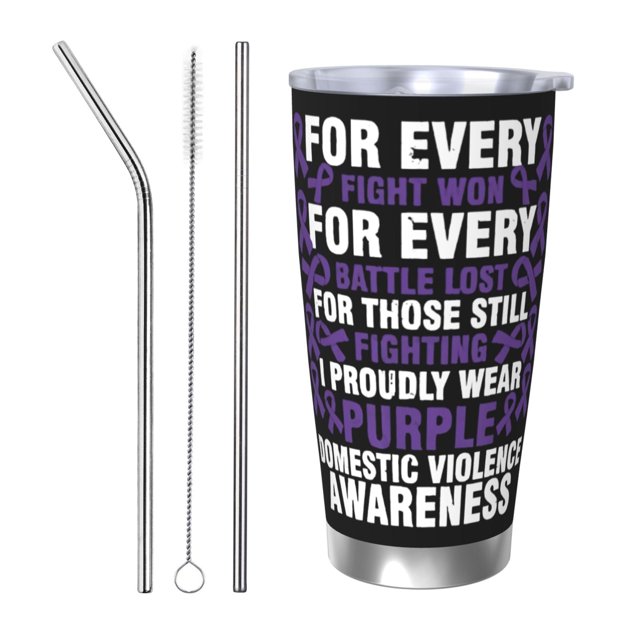 Vaso de acero inoxidable de 20 oz para café, taza térmica portátil con tapas para el mes de concientización sobre la violencia doméstica