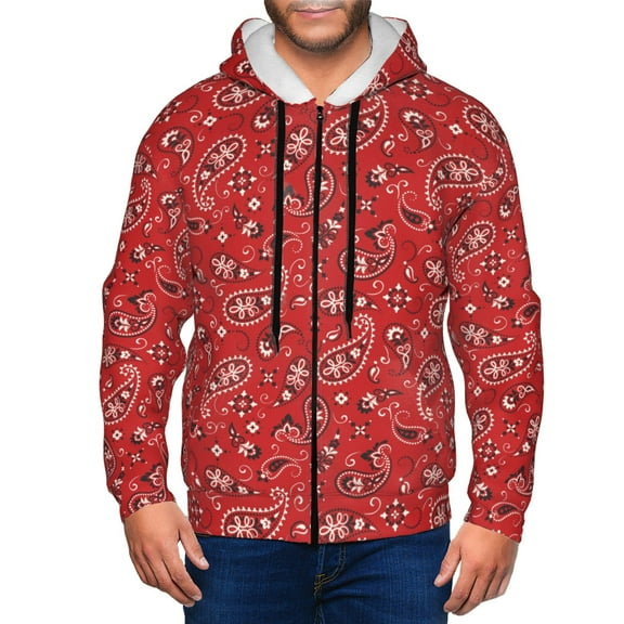 Honeii Red Paisley Floral Print Hoodies for Men, Pullover & Full Zip, Breathable Zip up Hoodie, Sweatshirt-Small