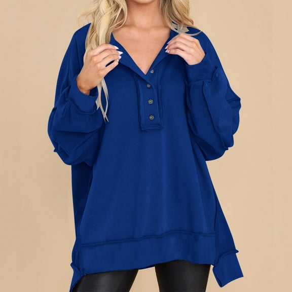 CLOISE Womens Sweatshirt Solid Oversized Sweatshirts Henley Button V-Neck Long Sleeve Hoodies Shirts Blue High Low Hem Stitching Blouses Fall Soft Y2k Outfits XL