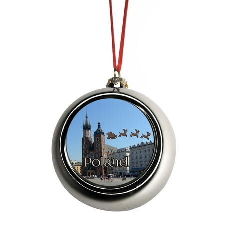 Krakow Christmas Santa Klaus and Sleigh Riding Over Main Market Square Krakow, Poland Ornaments Silver Bauble Christmas Ornament Balls ()