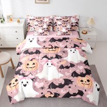 Manfei Cute Ghost 7pcs Bedding Comforter Set,Spooky Halloween Queen Bedding Sets,Black Bat Queen Sheet Sets For Teens,Ultra Soft Home Decor Reversible