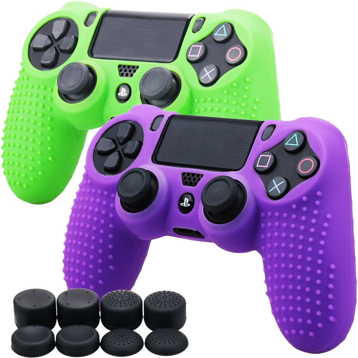 Silicone Rubber Cover Skin Case X 2 Anti-slip STUDDED Dots Customize for PS4/SLIM/PRO Controller x 1(Green & Purple) + FPS PRO Stick Cover Thumb Grips x 8