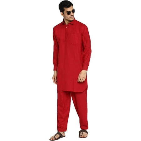 

Royal Kurta Mens Cotton Linen Pathani Suit (40 Maroon)