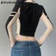 thumbnail image 5 of Camiseta de manga larga de punto con costuras contrastantes para mujer, estilo coreano, estilo gótico, con cuello alto y estampado de letras, color negro, 5 of 6